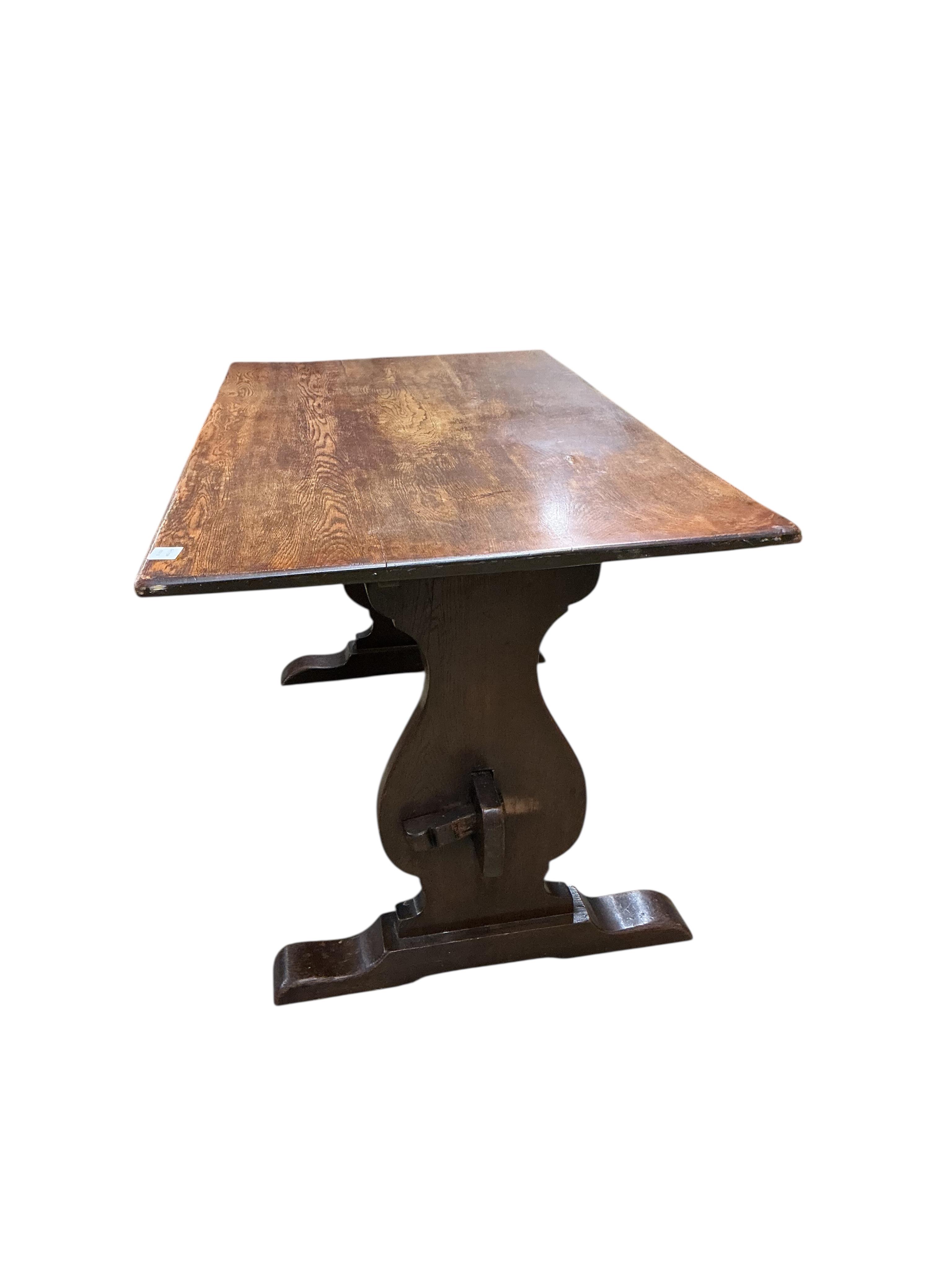 An 18th century style rectangular oak refectory dining table, width 150cm, depth 74cm, height 74cm